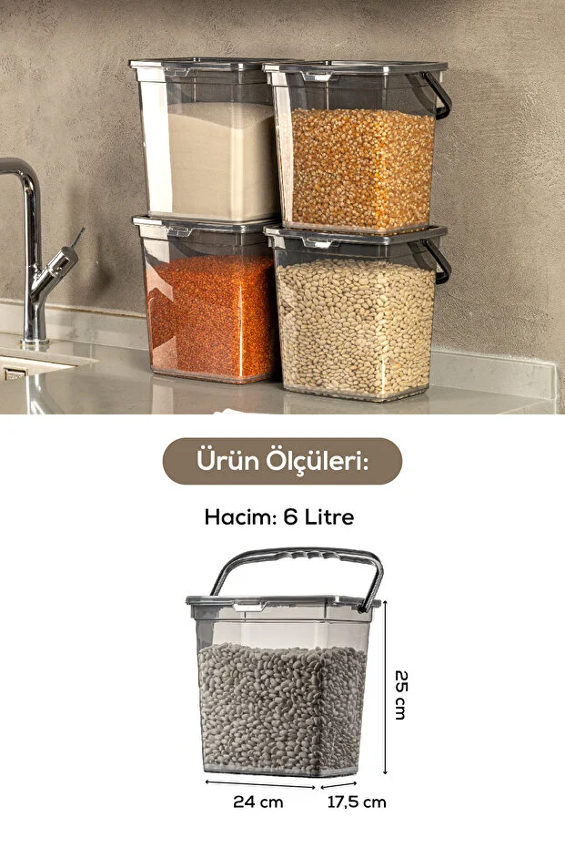 4 Adet Kare Un Bakliyat Kabı 6 Litre - Kulplu Deterjanlık Saklama Kutusu Kabı Antrasit